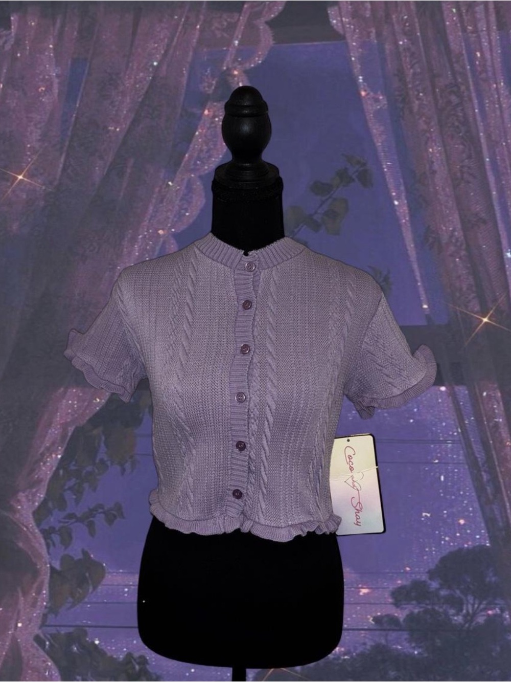 Lilac Ruffle-Trim Cropped Button-Up Knit Top